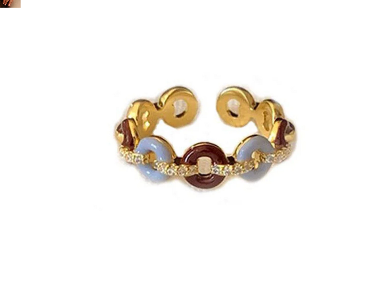 925 Sterling Silver Gold Plated Enamel Ring w/ Zirconia Open Adjustable Dainty