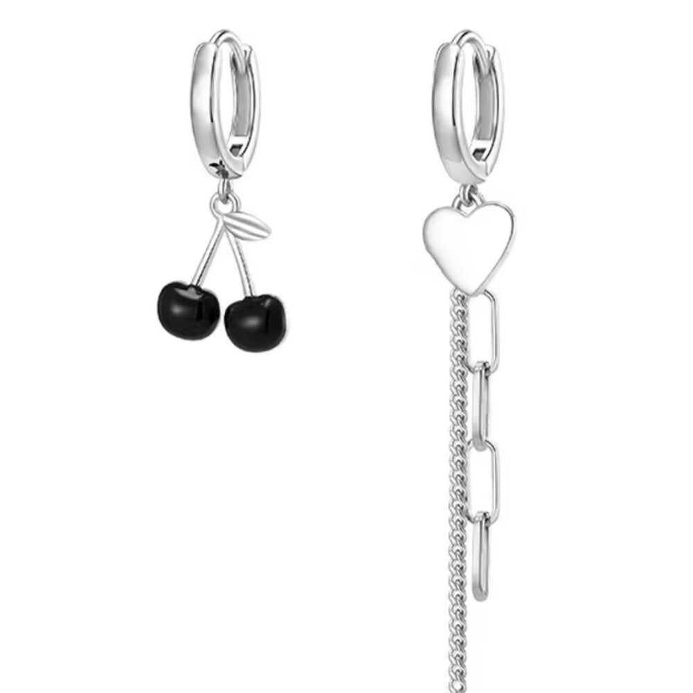 925 Sterling Silver Asymmetrical Cherry & Chain Hoop Earrings