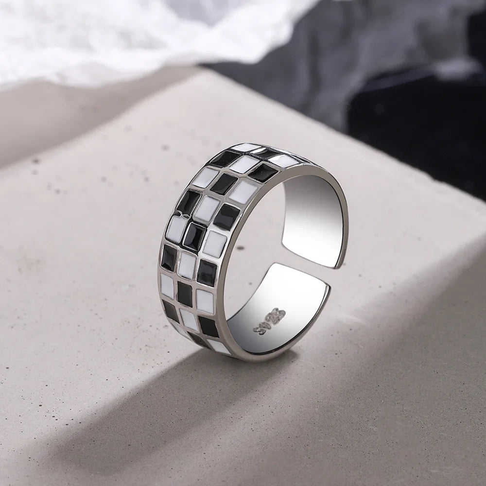 925 Sterling Silver Chekers adjustable Ring