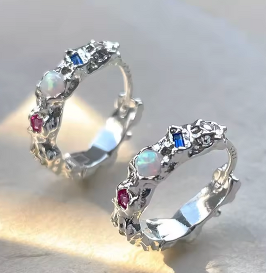 925 Sterling Silver Textured Hoop Earrings w/ Opal & Blue Stone Gemstones