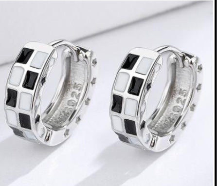 925 Sterling Silver  Checkered Huggie Earrings