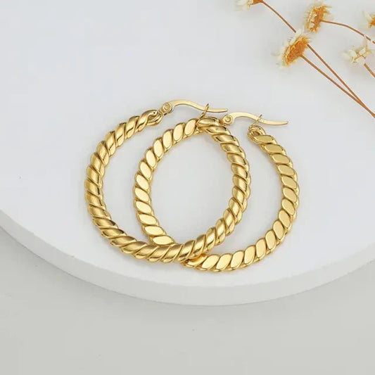 Stainless Steel Wide Flat Twisted Hoop Earrings