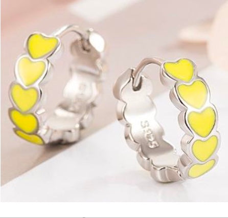 925 Sterling Silver yellow Enamel Heart Hoop Earrings