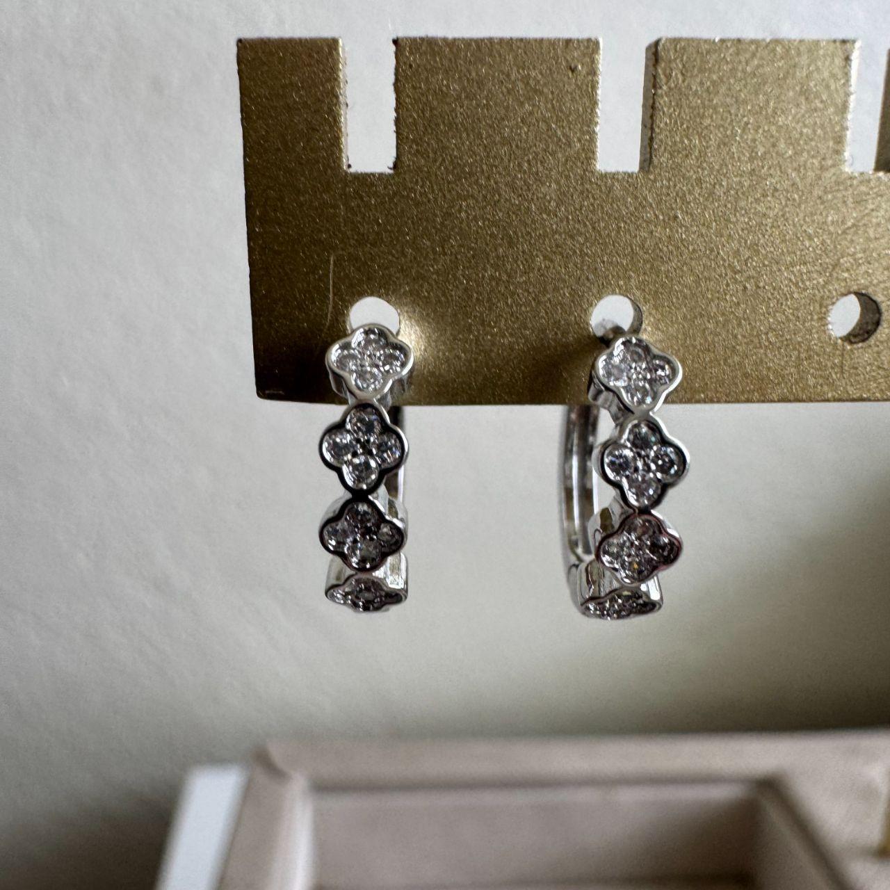 Silver Tone Clover Huggie Earrings with Stones