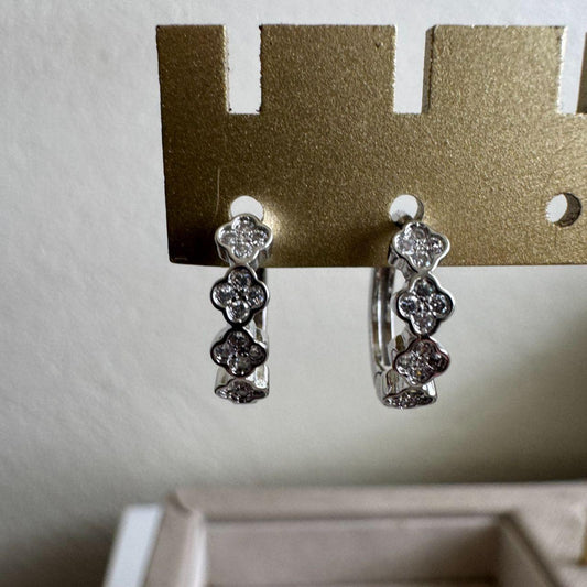 Silver Tone Clover Huggie Earrings with Stones