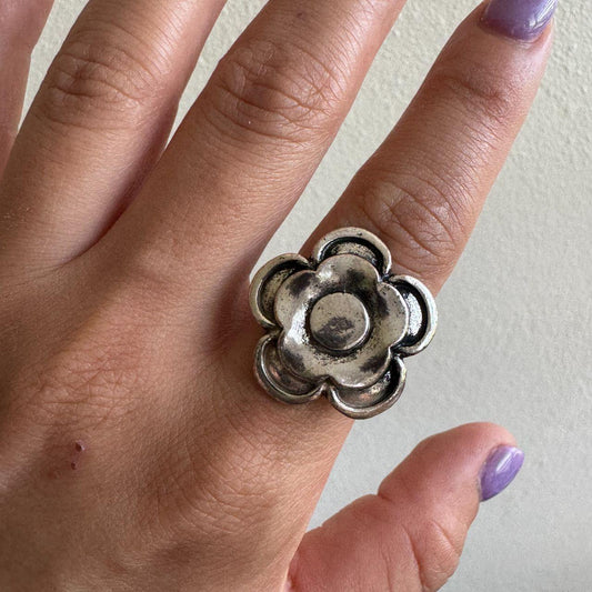 Chunky Silver Flower Statement Ring Adjustable