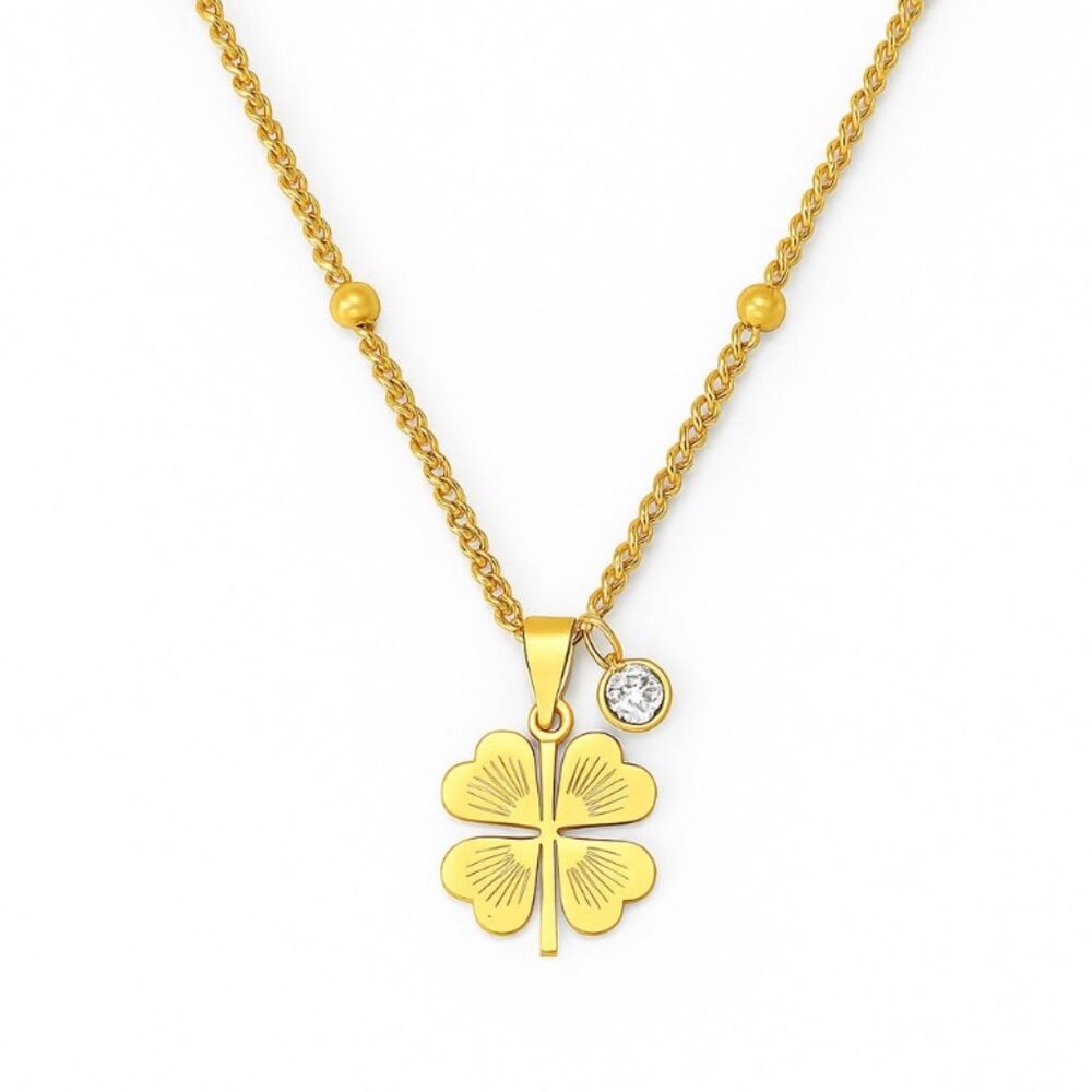 Gold Four Leaf Clover Necklace with Crystal Charm – Lucky Pendant