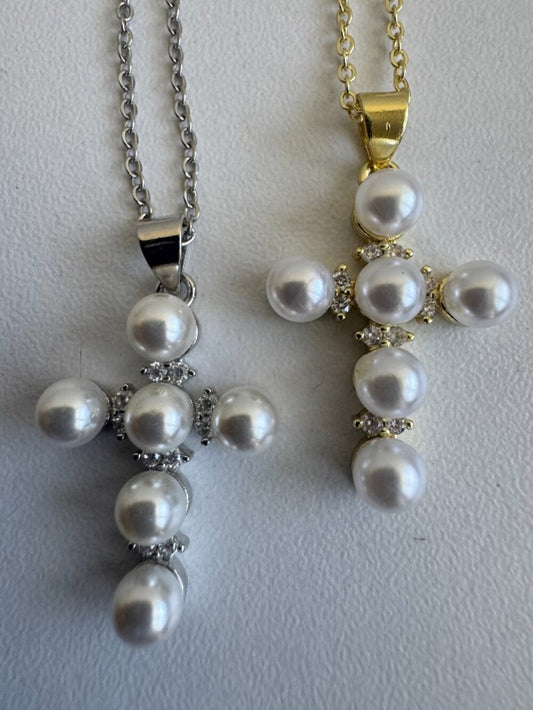 925 Sterling Silver Pearl Cross Necklace Gold\silver