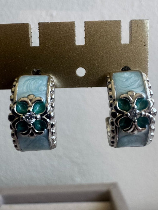 925 Sterling Silver Floral Enamel Hoop Earrings Blue Green