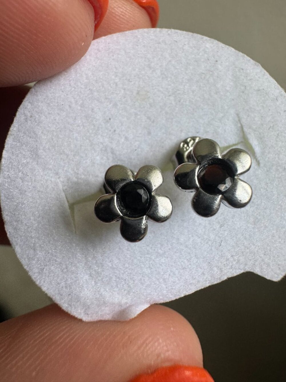 Sterling Silver 925 Flower Stud Earrings with Black Stone
