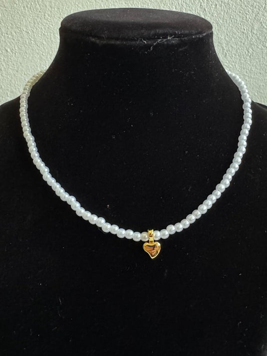925 Sterling Silver Pearl Necklace with Gold Heart Charm