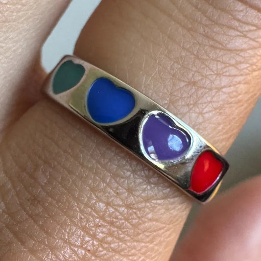 925 Sterling Silver Rainbow Hearts Ring